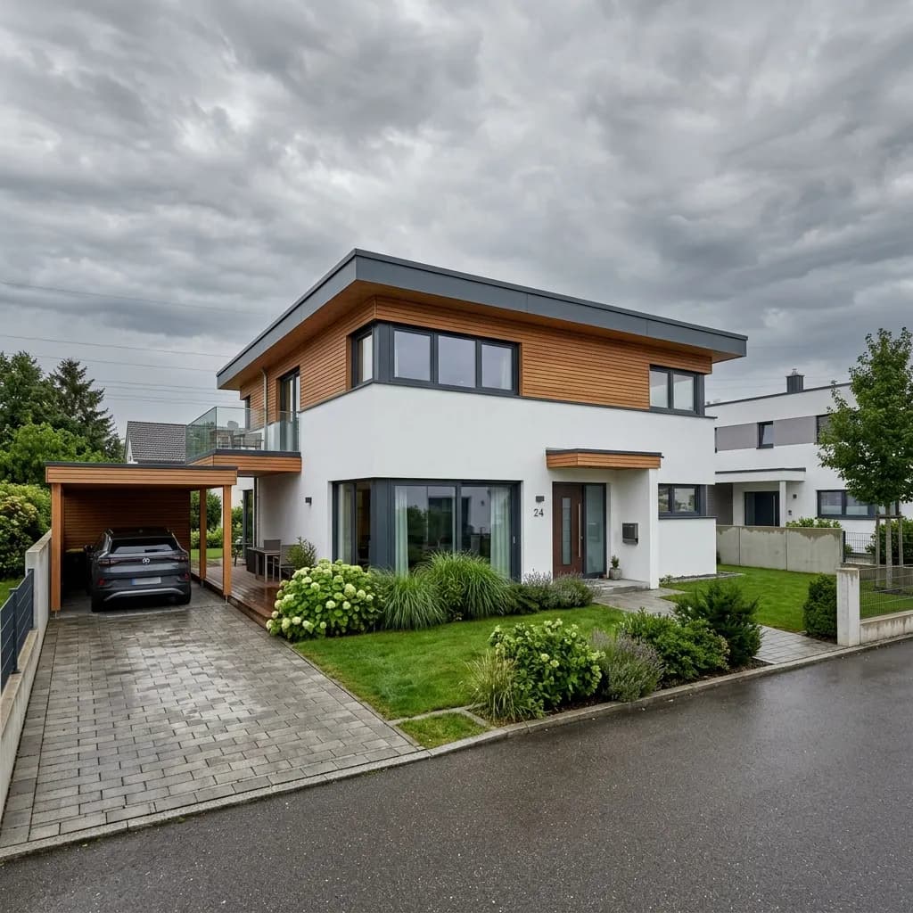 Immobilienfoto mit optimierter Belichtung und grünem Rasen