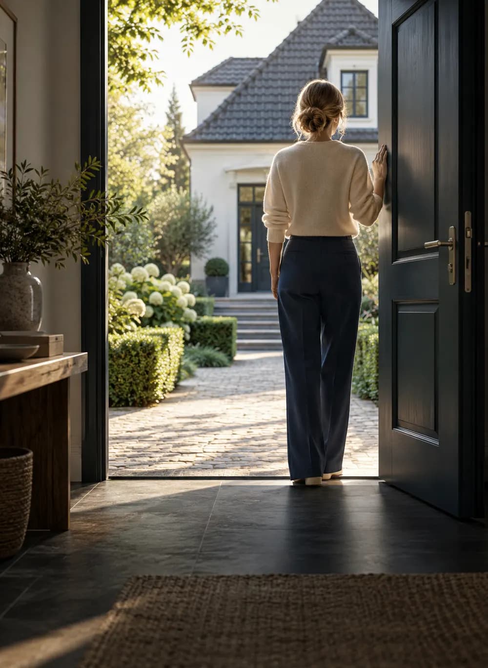 Eigentümerin öffnet die Haustür ihres Hauses