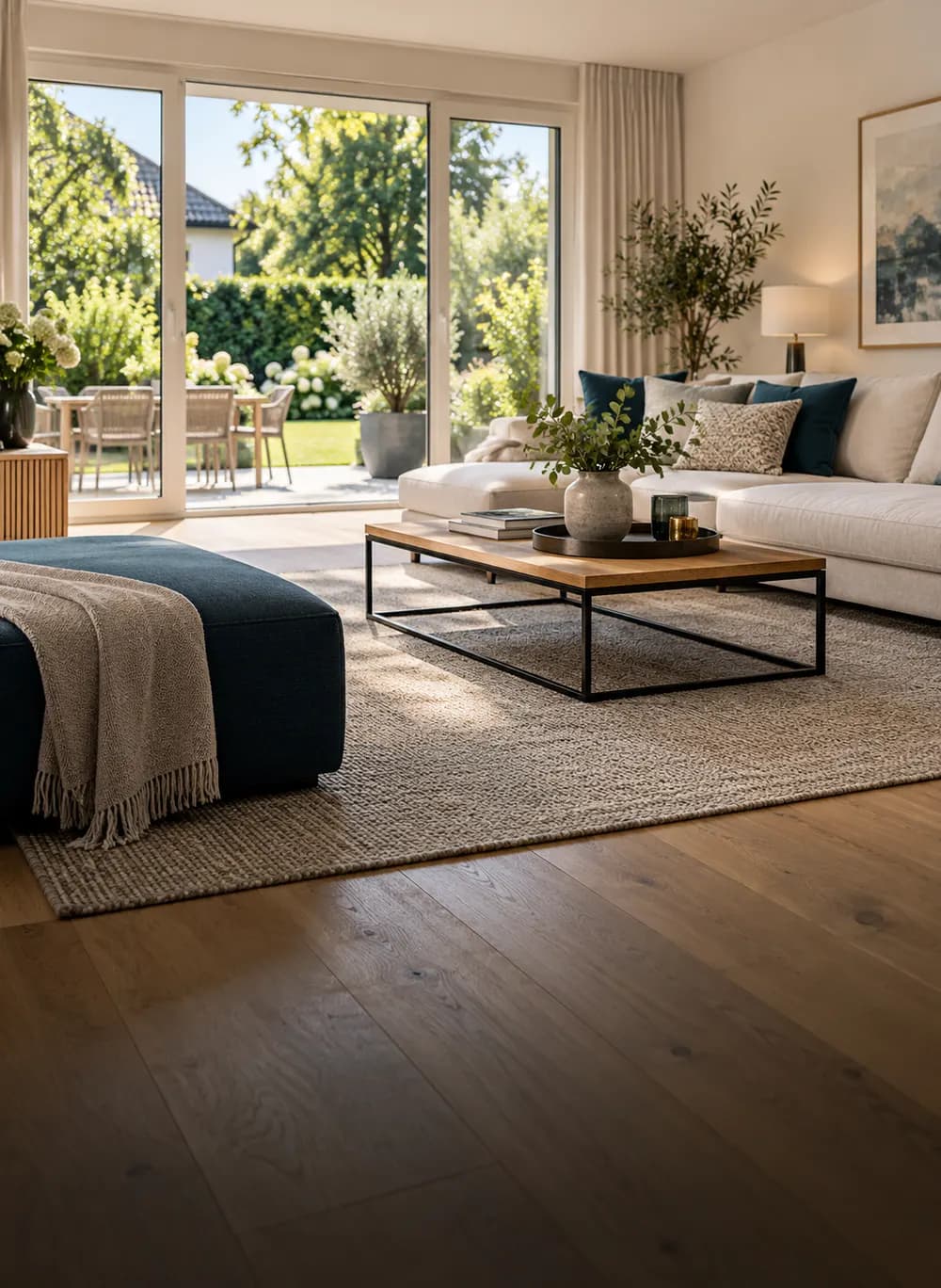 Helles, gepflegtes Wohnzimmer mit Blick in den Garten