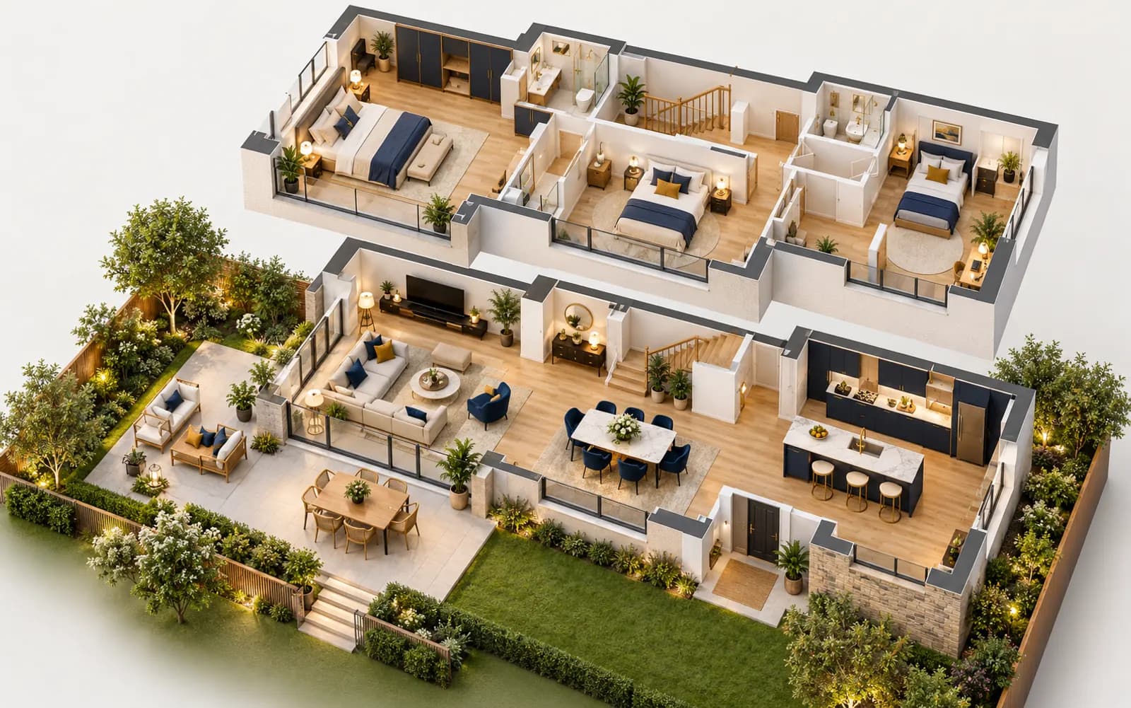 Möblierter 3D-Grundriss eines zweigeschossigen Hauses mit Terrasse und Garten