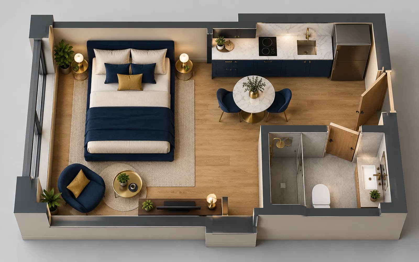 Möblierter 3D-Grundriss eines Apartments mit Schlafbereich, Küche und Bad