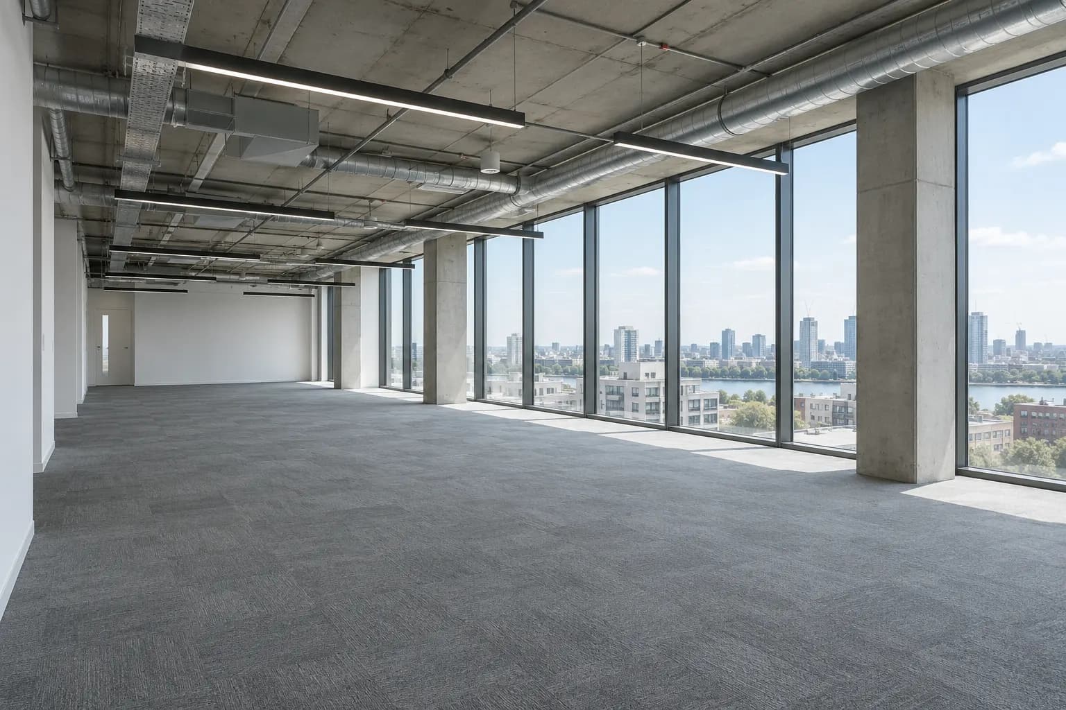 Leere Büroetage mit Betondecke, Fensterfront und Teppichfliesen