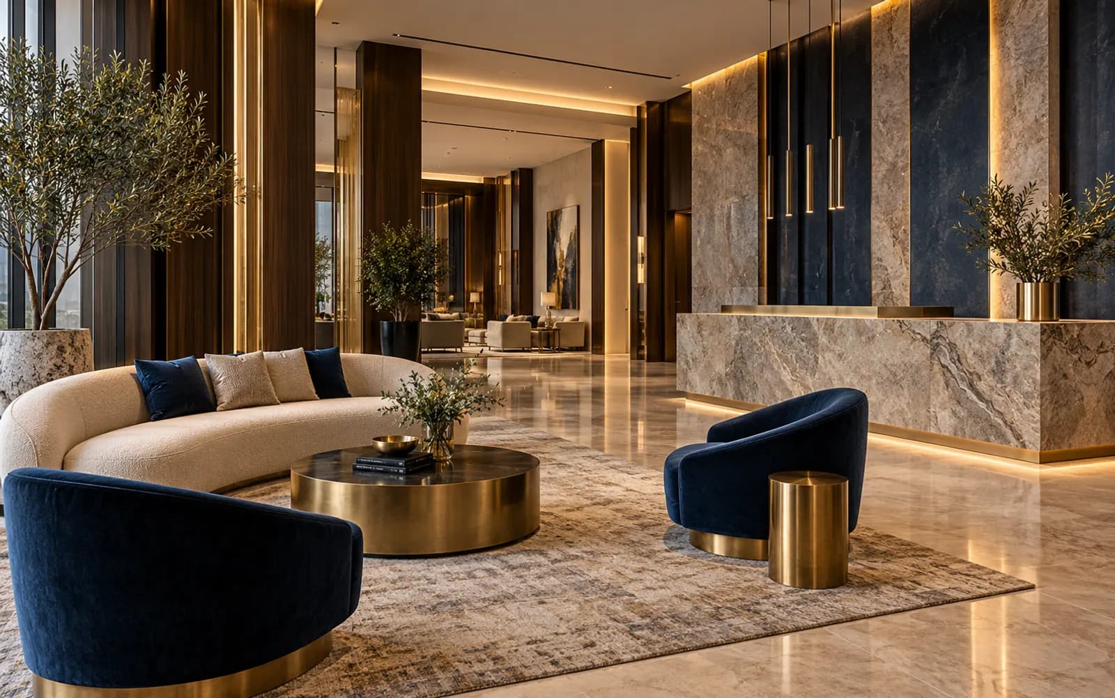 Virtuell möblierte Empfangslounge mit Designersofa