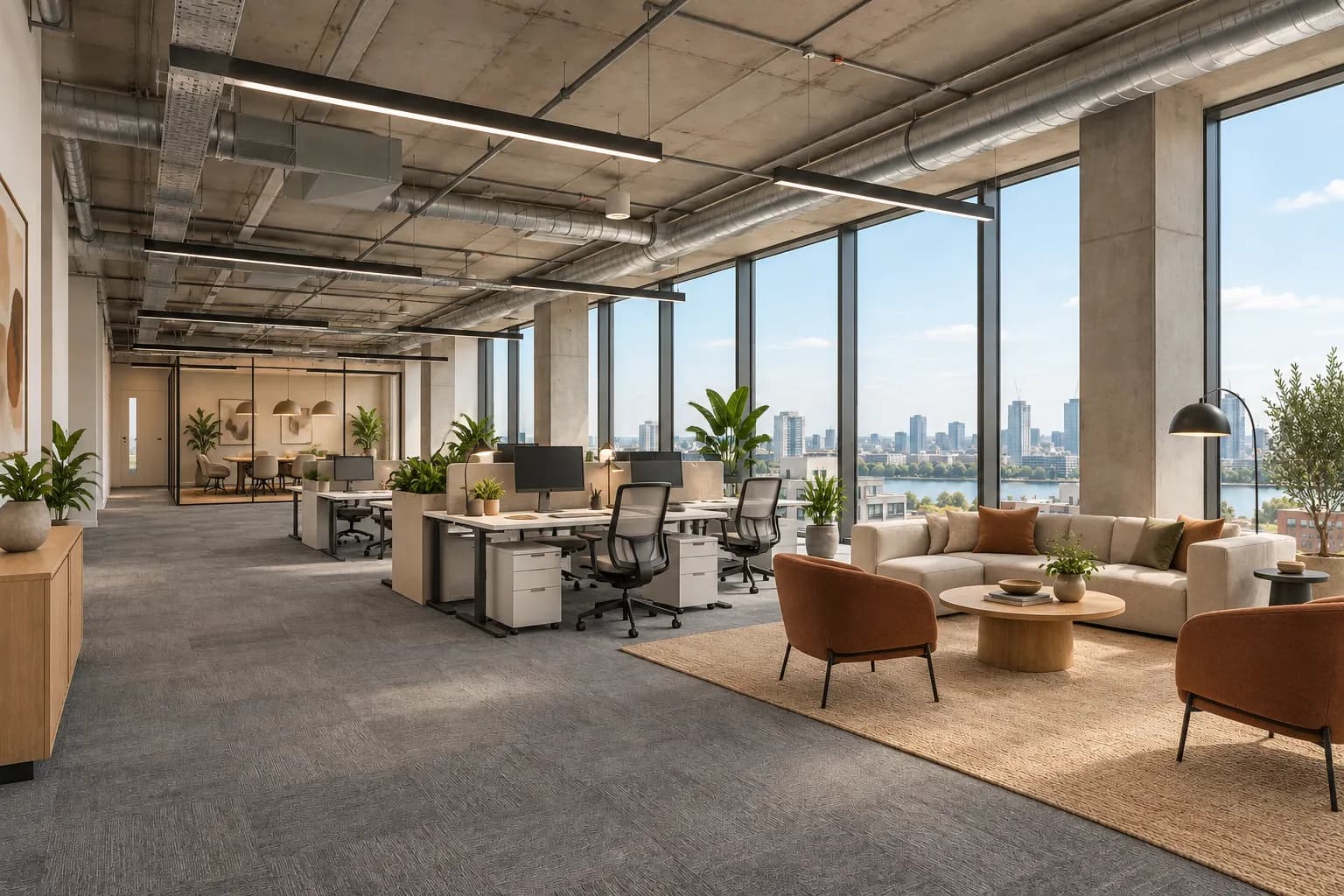 Dieselbe Büroetage mit Schreibtischinseln, Lounge und Meeting-Zone