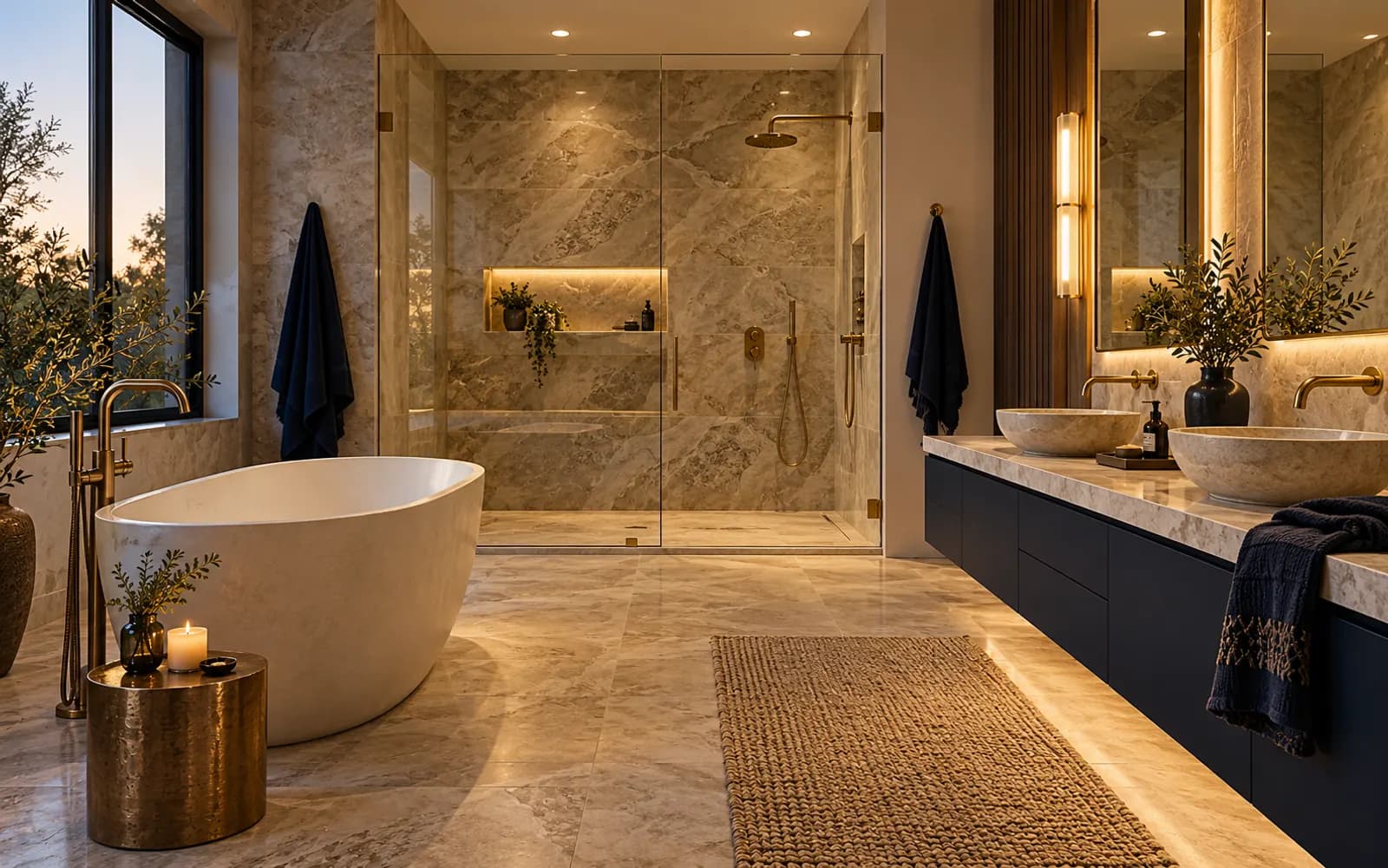 Virtuell renoviertes Bad mit Steinfliesen und freistehender Wanne