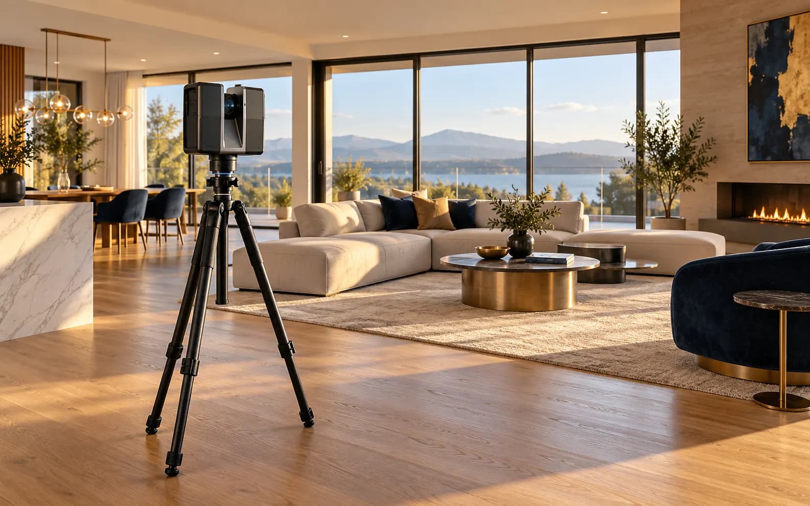 Matterport-Kamera auf Stativ in einem hellen, modernen Wohnraum