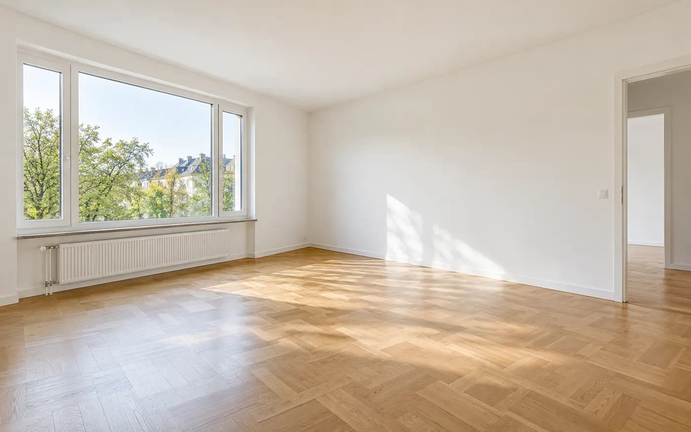 Leeres, helles Wohnzimmer mit Parkett und großem Fenster links