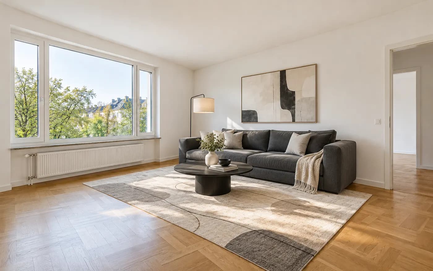 Derselbe Raum modern möbliert mit dunkelgrauem Sofa, Couchtisch und Stehlampe