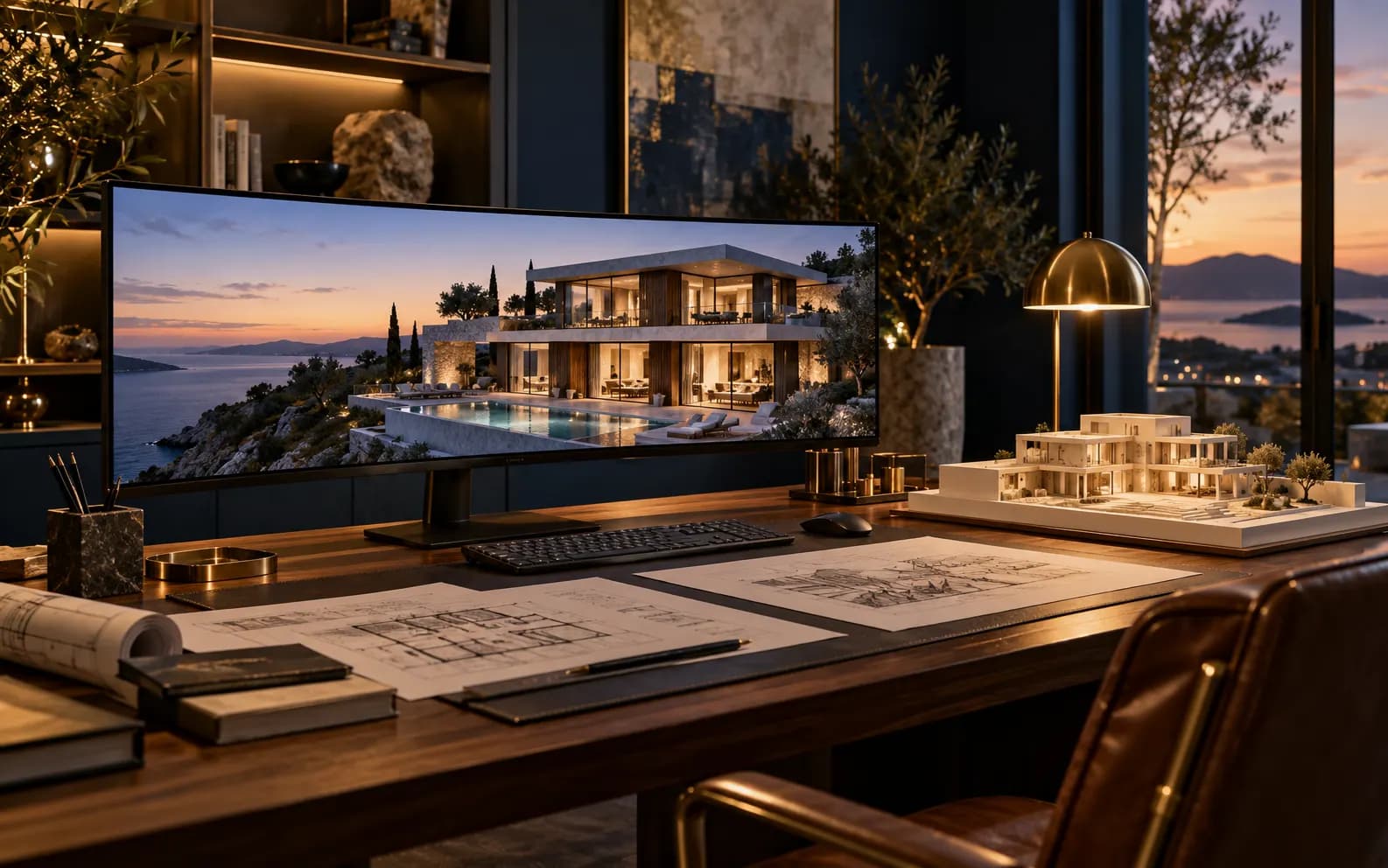 Ruhiger Arbeitsplatz eines Visualisierungsstudios mit Rendering auf dem Monitor