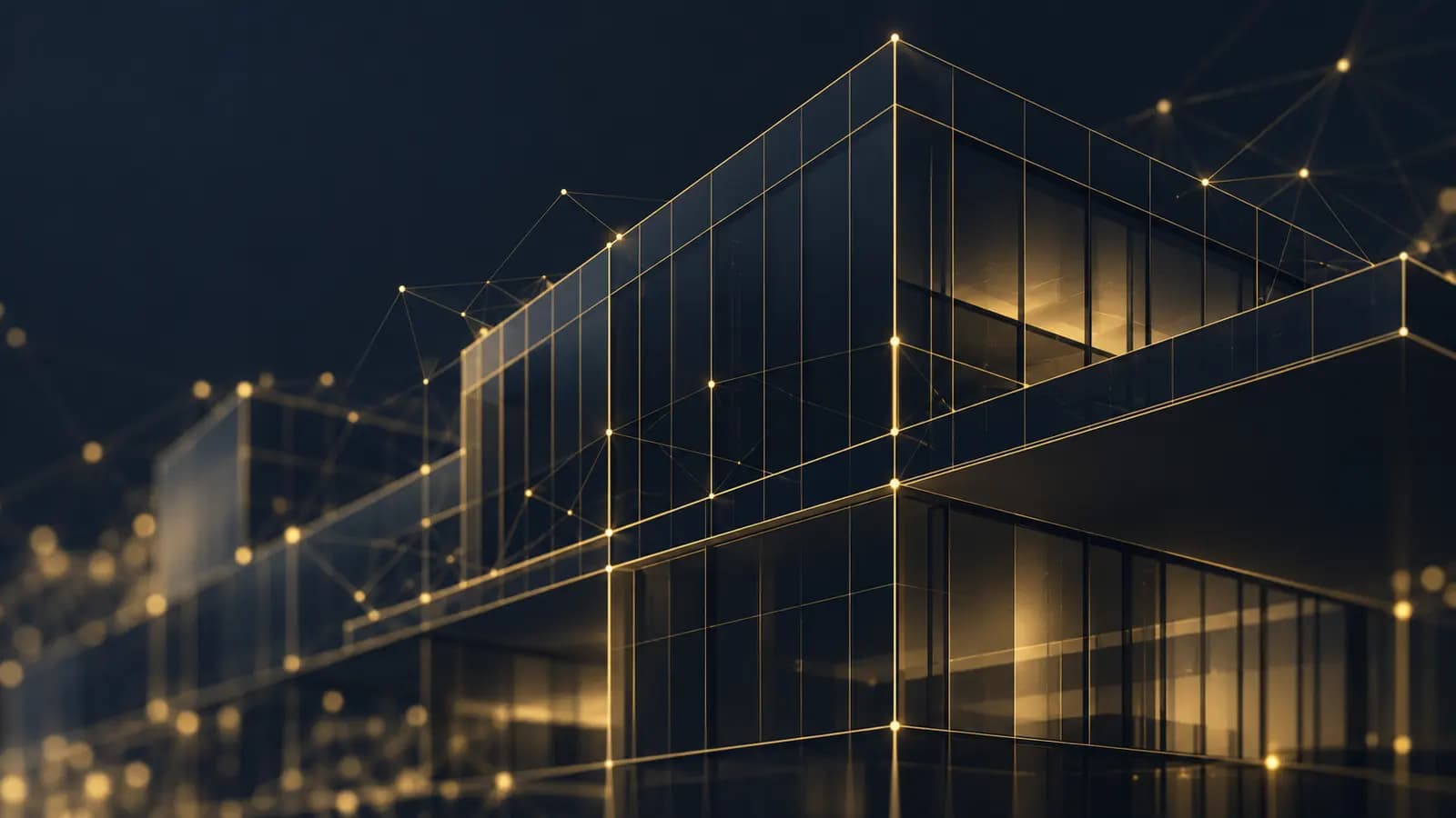 Abstrakte Darstellung einer Gebäudefassade mit feinen goldenen Datenlinien