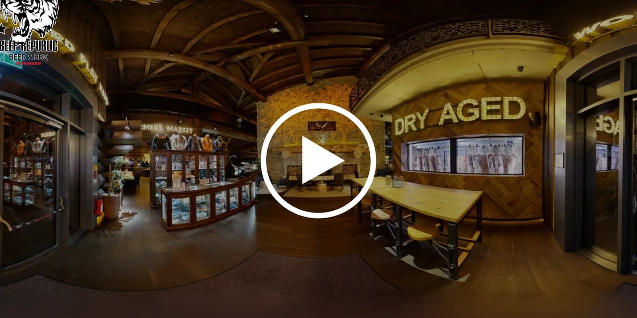 Timberjacks – dining area with dry-aged display and timber-beam ceiling