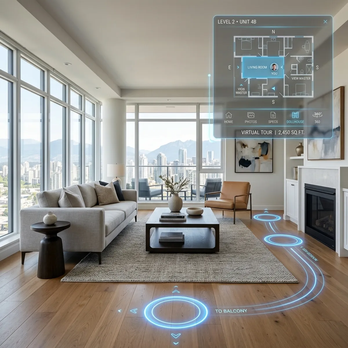 Modern interface of a 360-degree real estate tour with digital waypoints and interactive floor plan