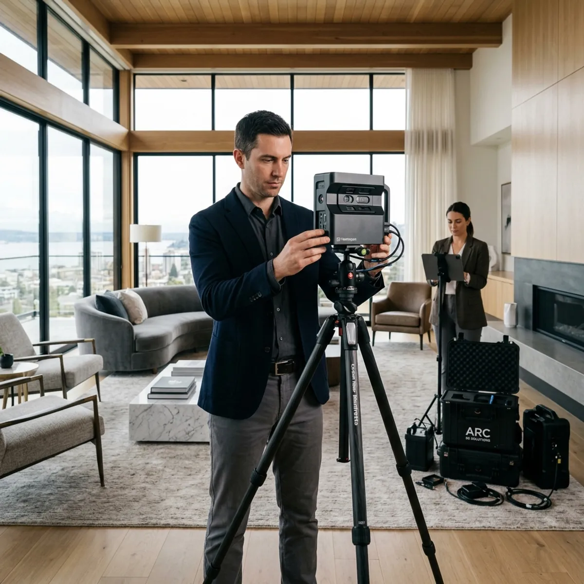 Professioneller Techniker unserer Agentur beim Aufbau einer High-End Matterport 3D-Kamera in einem luxuriösen, lichtdurchfluteten Penthouse