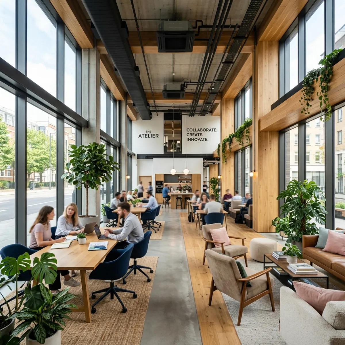 Light-flooded, modern co-working space with wooden interior and a productive, blurry community in the background