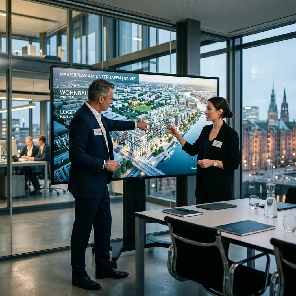 Fotorealistisches Immobilien Rendering eines modernen Mehrfamilienhauses mit Balkonen, Photovoltaik und Grünanlage