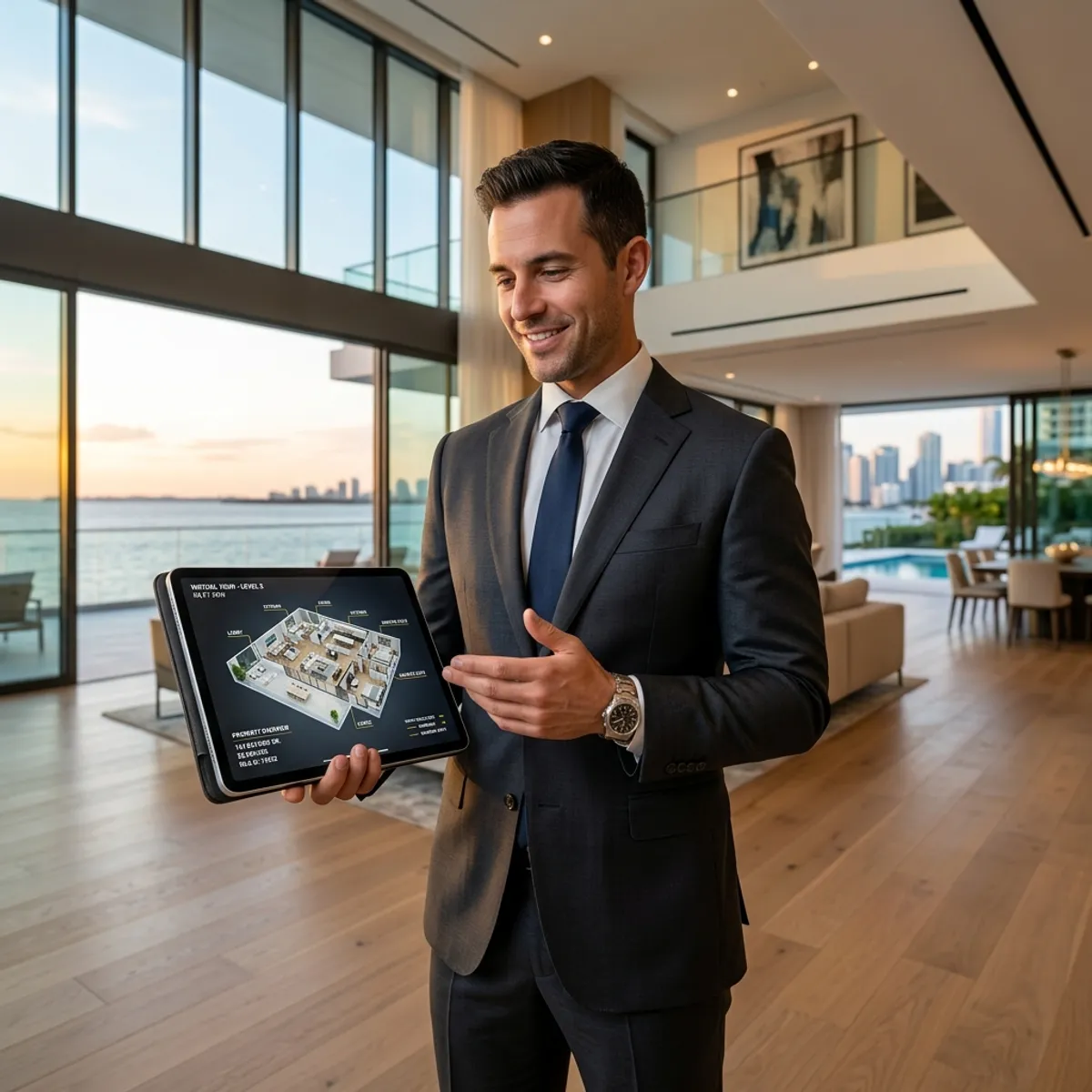 Erfolgreicher Immobilienmakler präsentiert seinem Kunden stolz eine moderne digitale Immobilienvermarktung mit 3D-Rundgang auf einem Tablet