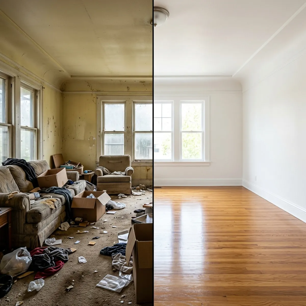 Impressive before-and-after comparison: On the left, an extremely cluttered room from a foreclosure; on the right, the same room after digital decluttering – completely empty, clean, and bright