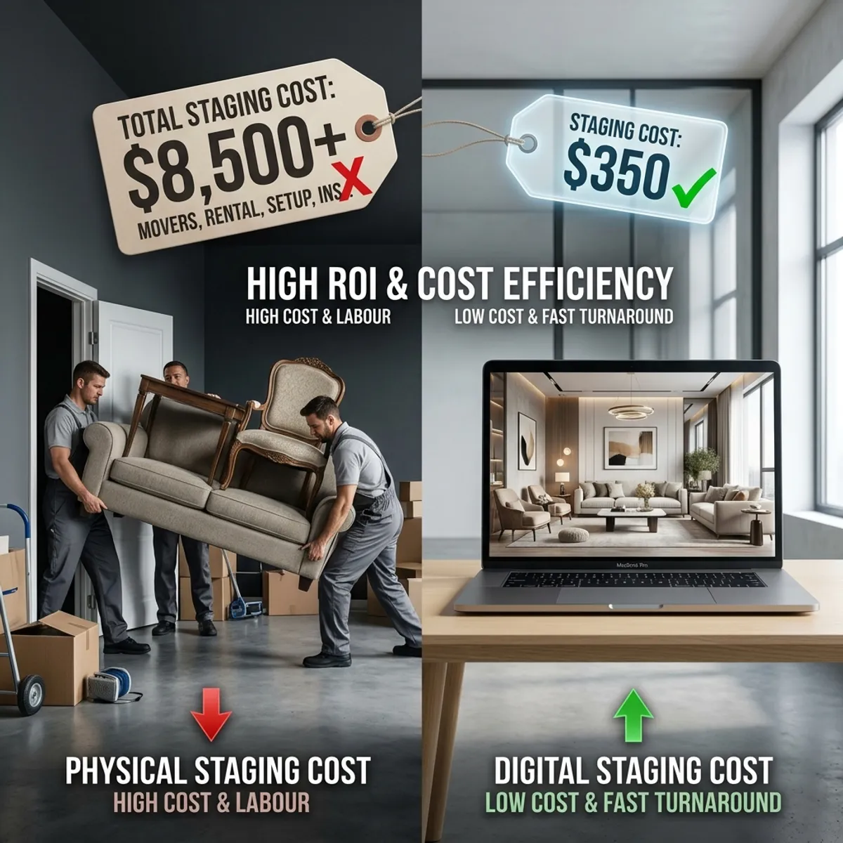 Cost comparison: On the left, expensive physical staging with movers and a high price tag, on the right, efficient digital staging on a laptop with a low price tag