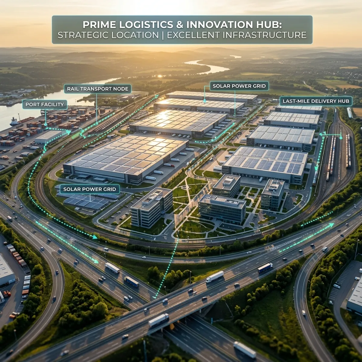 Spectacular aerial view of a modern commercial and logistics park at sunset, with digital graphics for highway connections