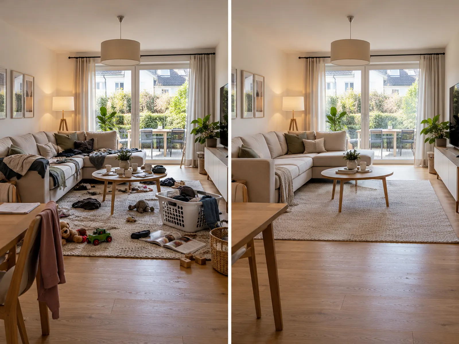 Wohnzimmer vor und nach dem Aufräumen für Immobilienfotos