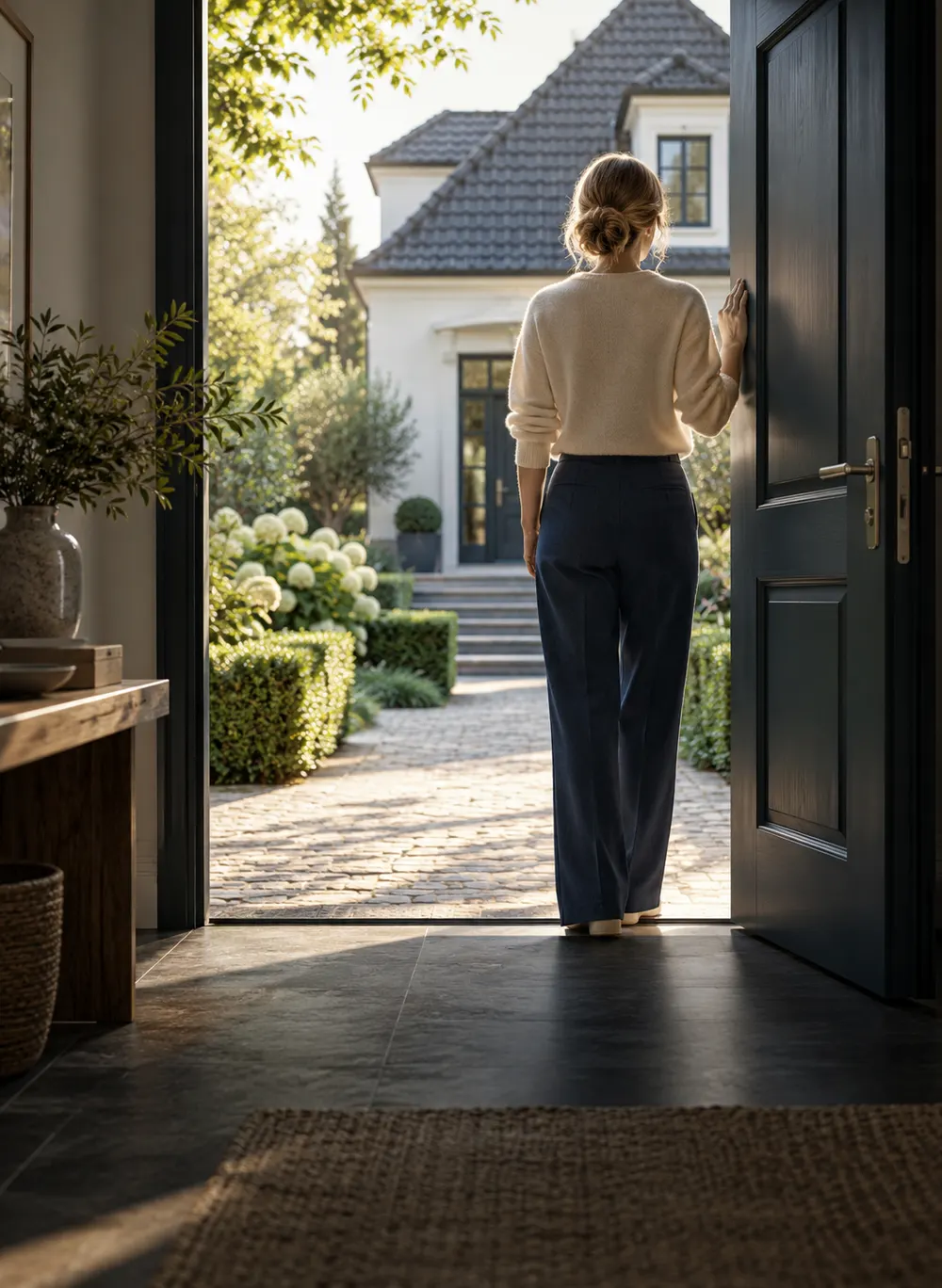 Eigentümerin öffnet die Haustür ihres Hauses vor dem Verkauf