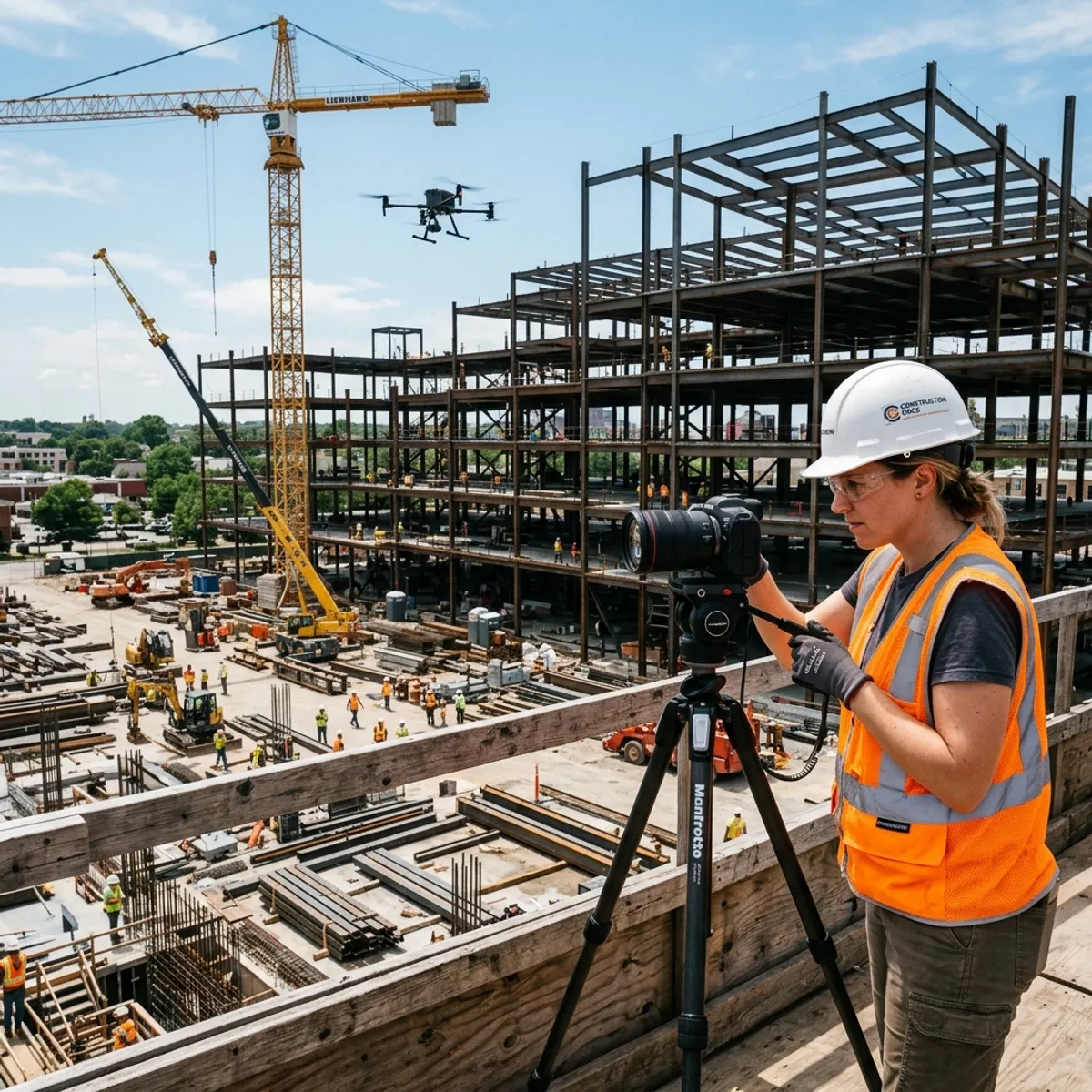 Professional photographer with safety equipment documents the construction progress of a large commercial construction site with a DSLR camera on a tripod