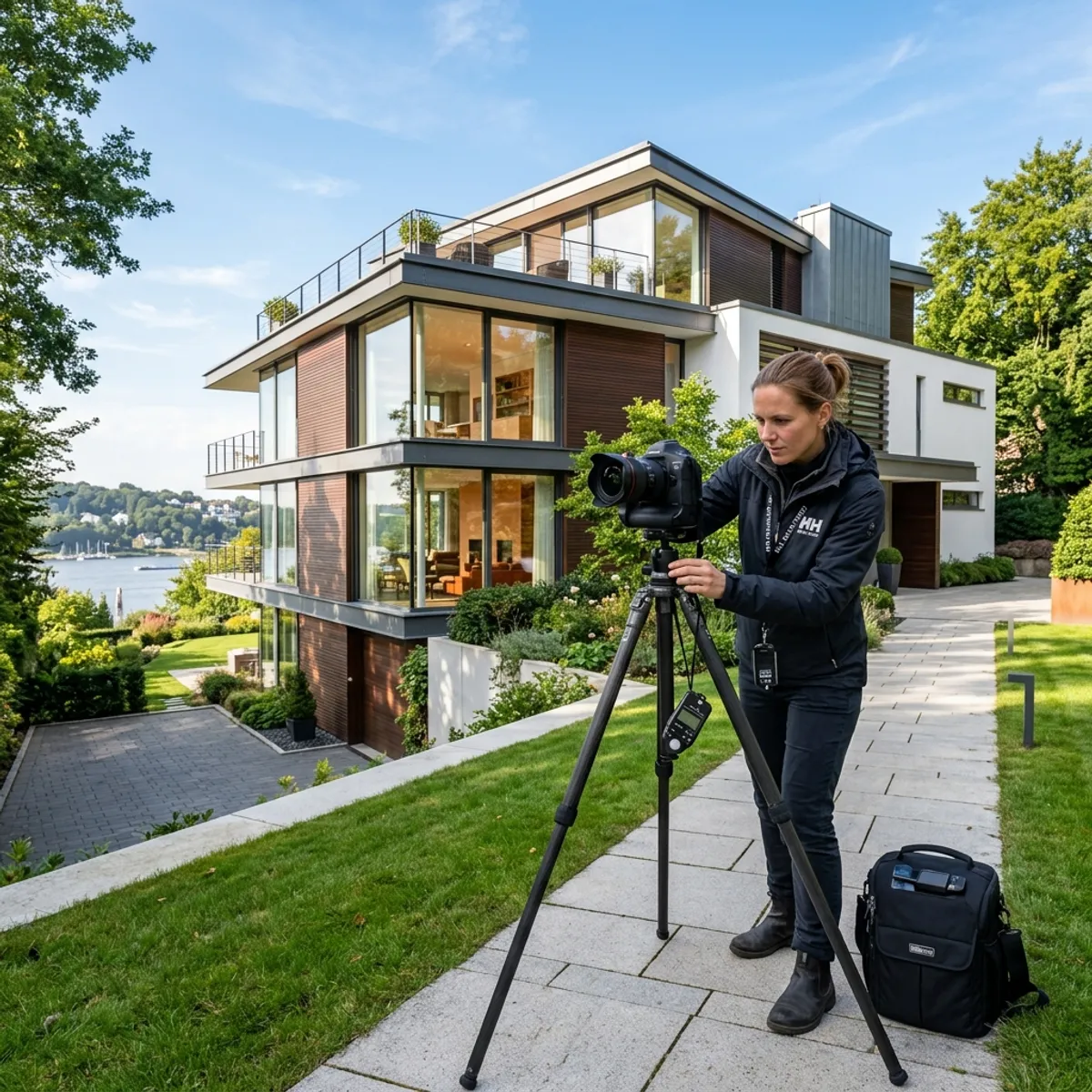 Professioneller Immobilienfotograf mit Stativ und DSLR-Kamera fotografiert eine moderne, exklusive Luxusvilla in Hamburg Blankenese unter blauem Himmel