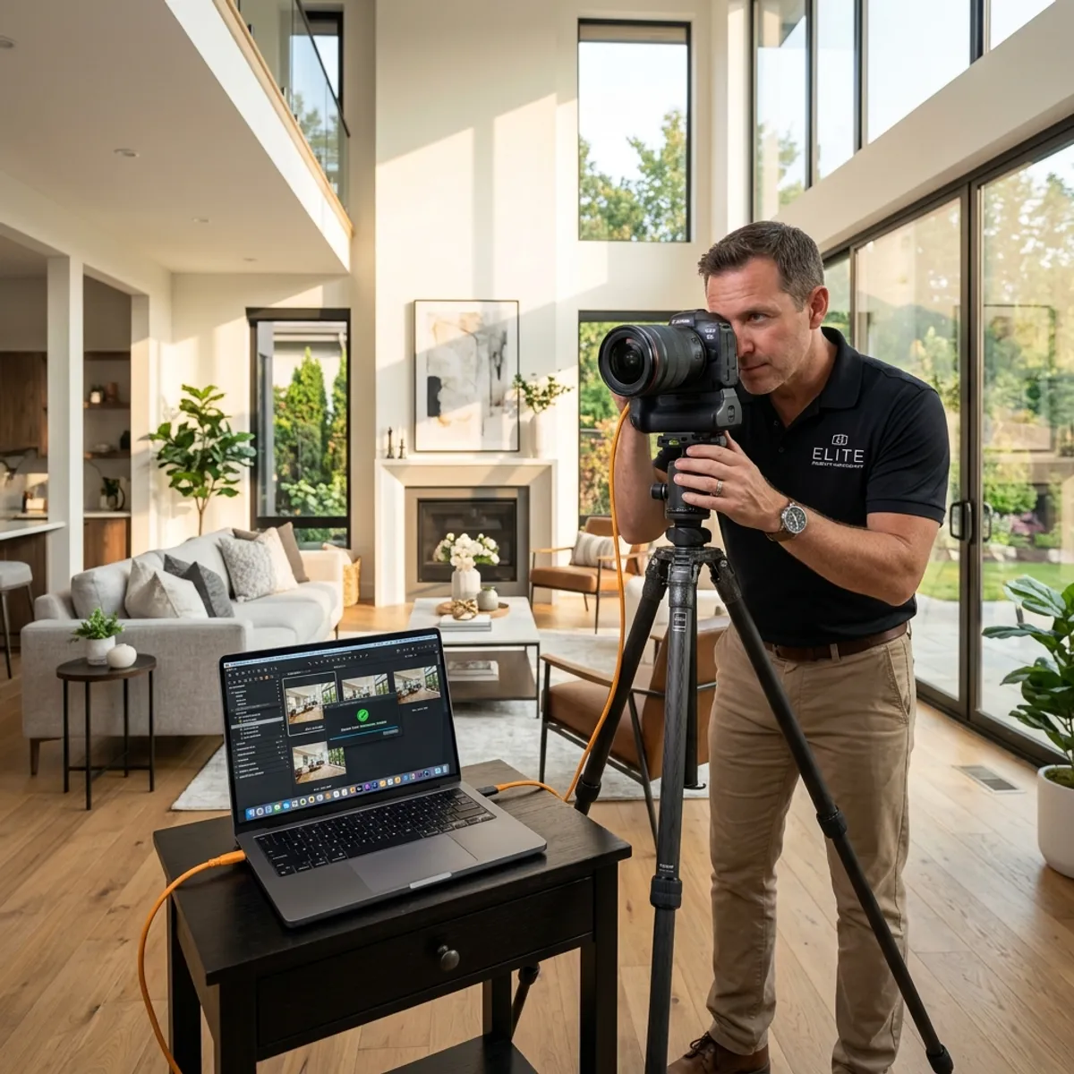 A professional real estate photographer setting up