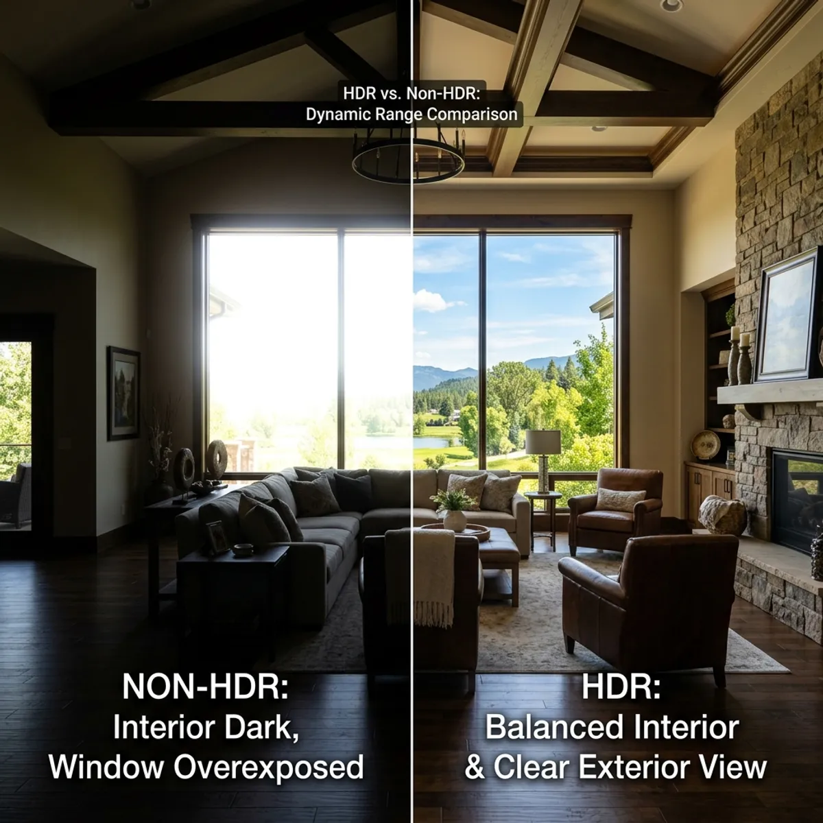 Impressive before-and-after comparison of HDR image editing: Left a dark room with overexposed white window; Right a perfectly lit room with clear, colorful view of the garden