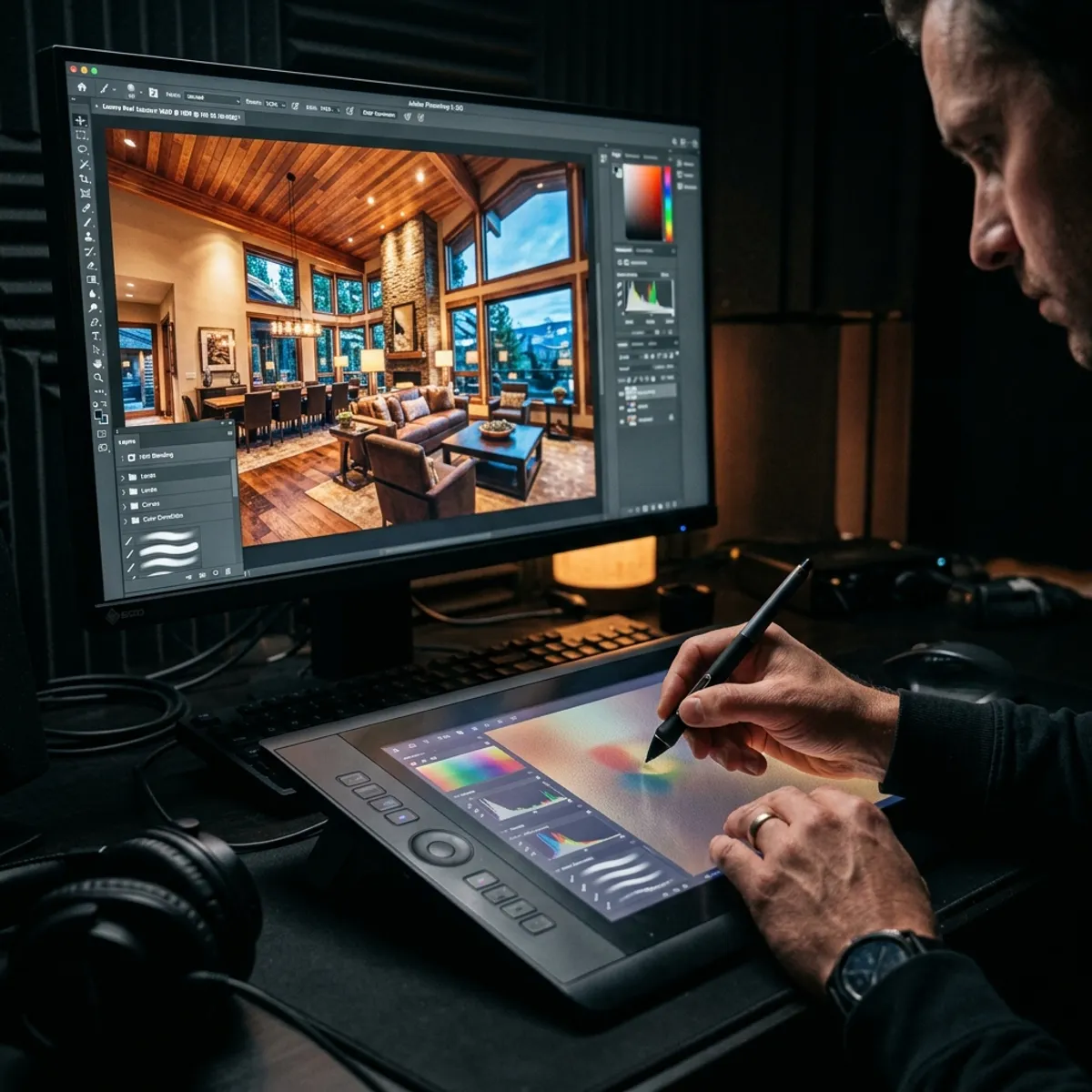 Highly detailed macro shot of a professional retoucher working on a graphics tablet in a darkened studio editing a luxury real estate photo using manual HDR retouching
