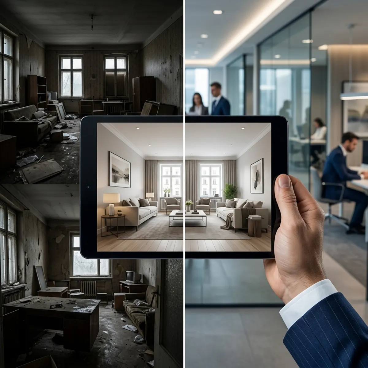 Banker im Anzug betrachtet auf einem Tablet die digitale Transformation eines ehemals vermüllten NPL-Objekts (Non-Performing Loan) in eine makellose, gestagete Immobilie