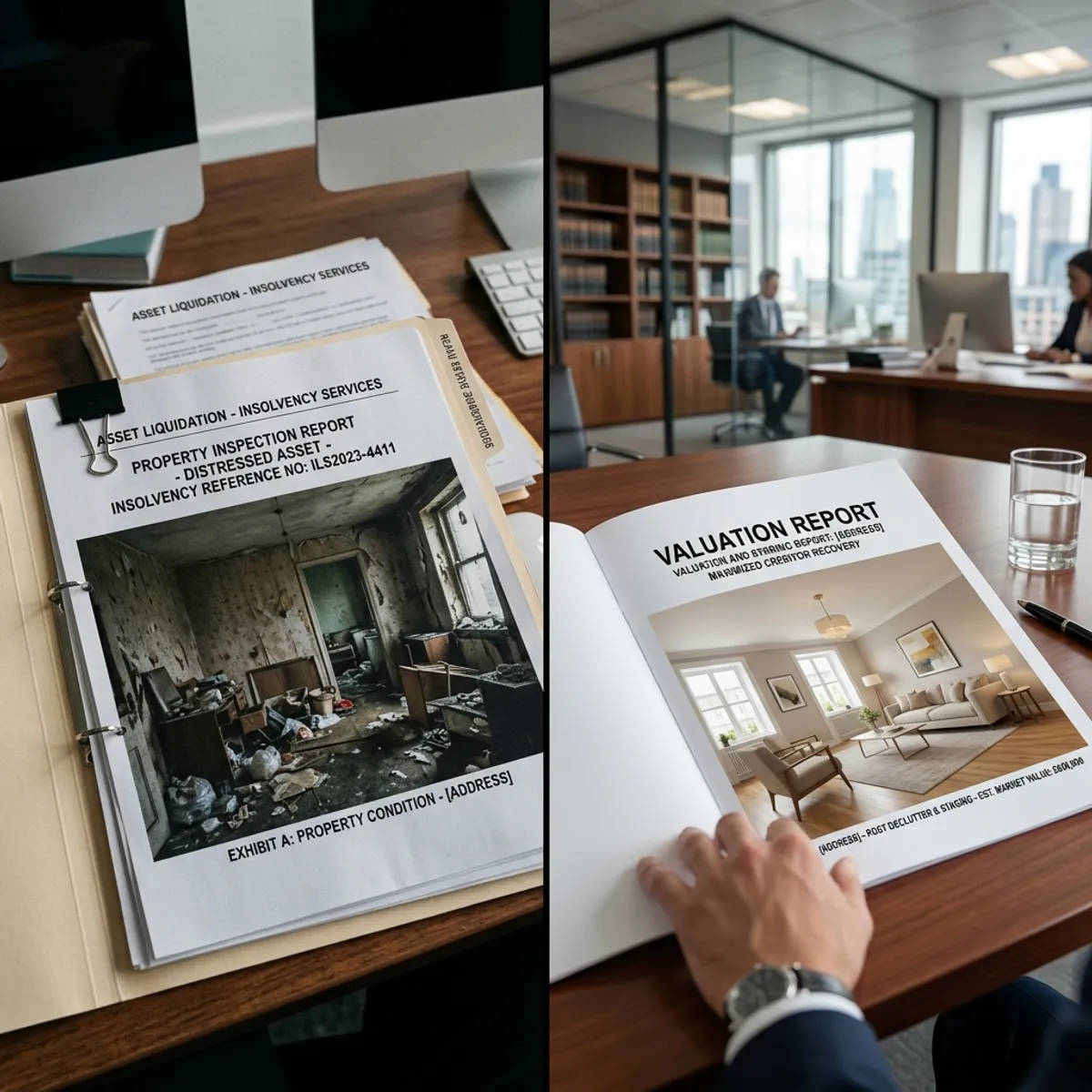 A legal realization dossier on a desk shows the