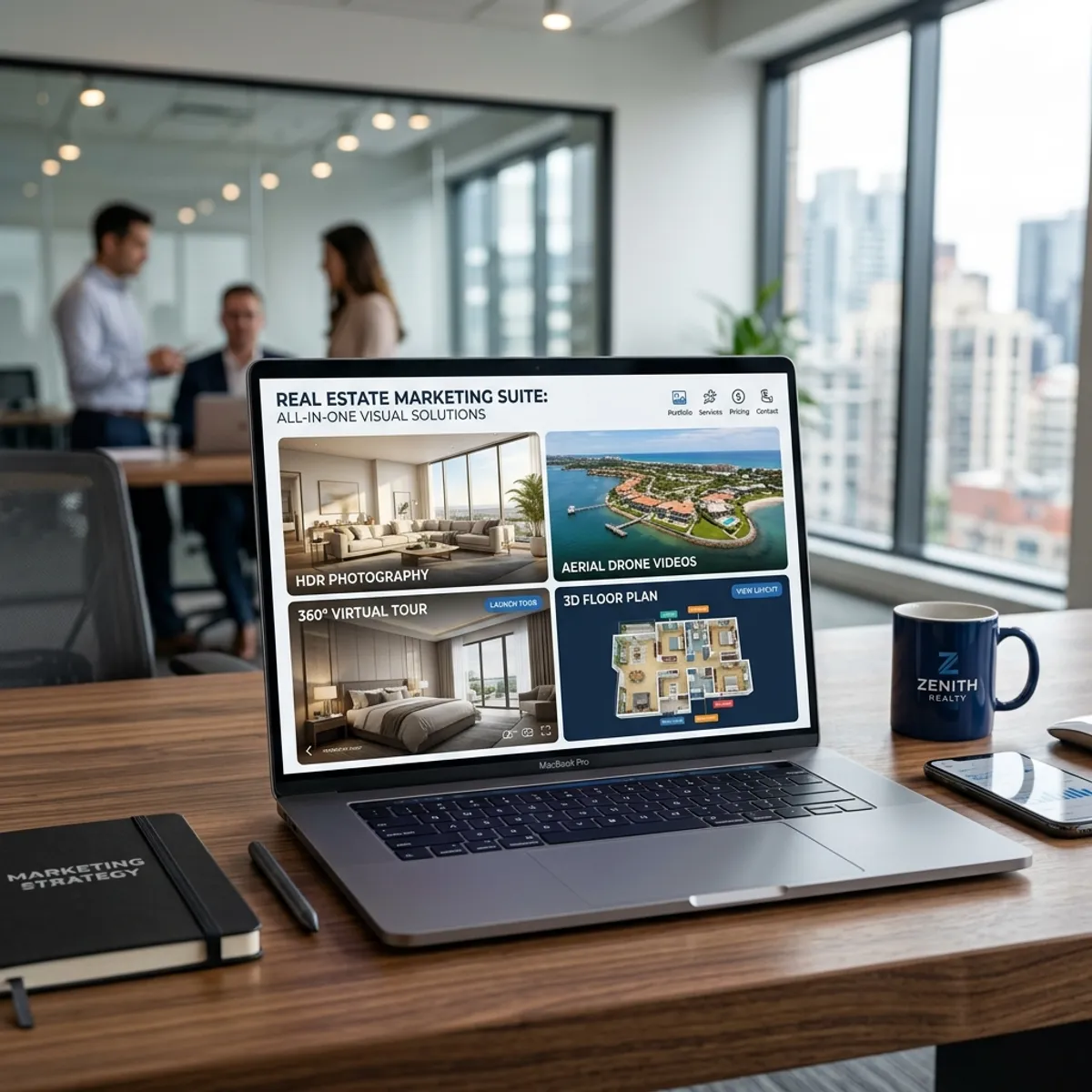 A modern laptop shows a complete visual marketing dashboard for real estate: HDR photos, drone shots, 3D floor plans, and 360-degree tours
