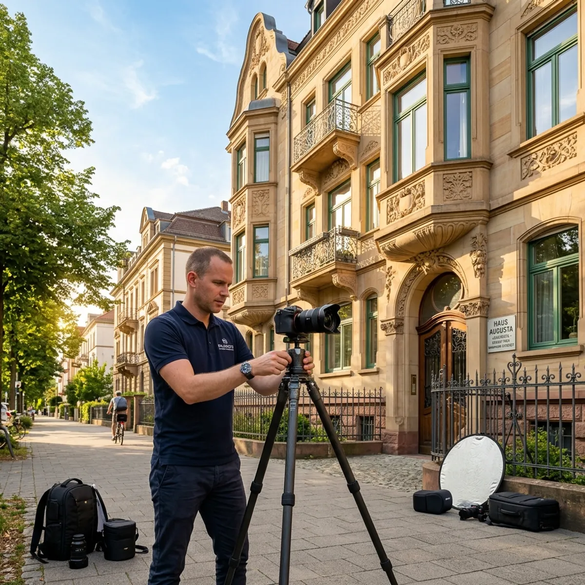 A professional real estate photographer with a tripod photographs a stylish Art Nouveau building in Mannheim's Oststadt under a blue sky