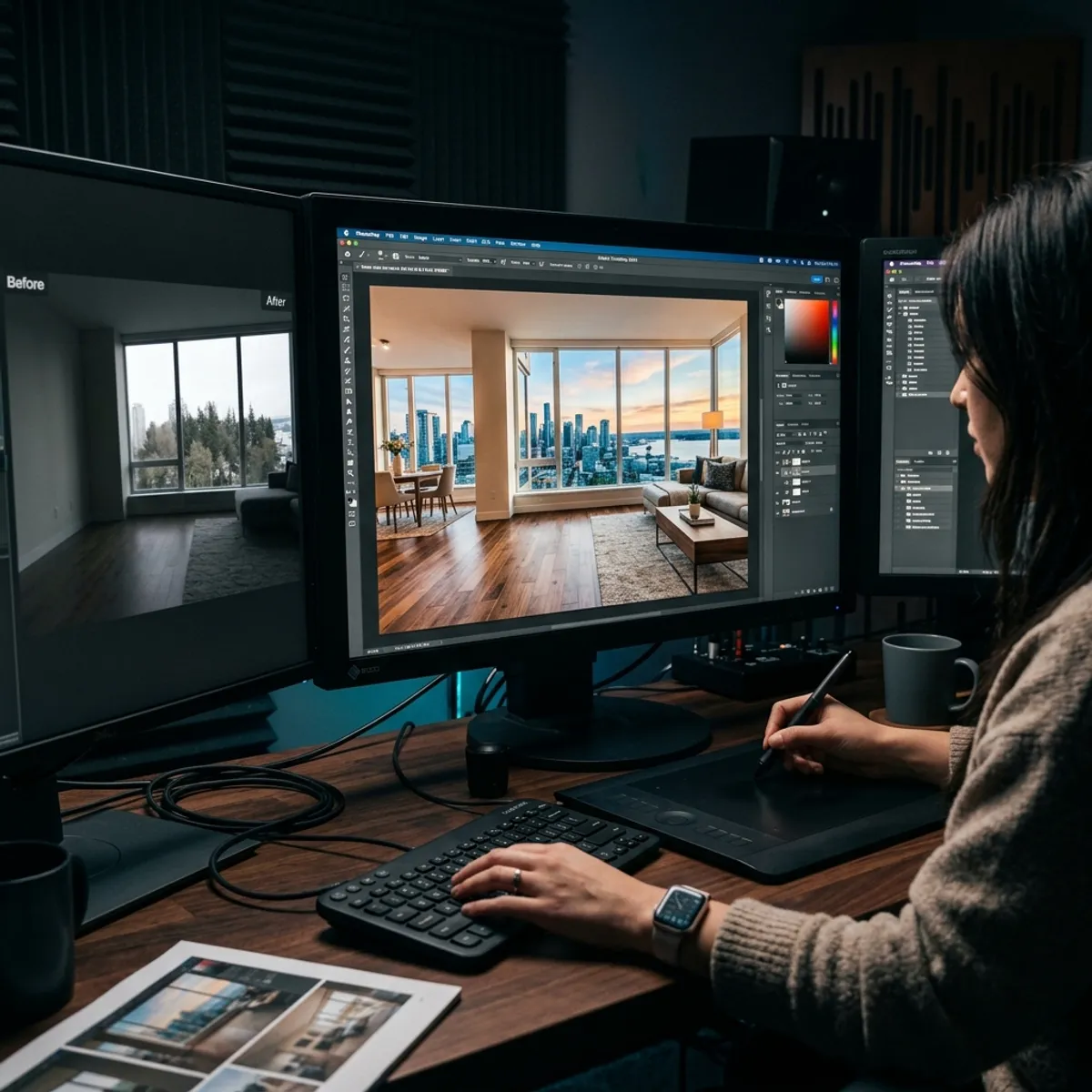 Cinematic shot of a professional retoucher at a graphics tablet in a dark studio. On the large monitor, a raw real estate photo is transformed into a brilliant high-end image