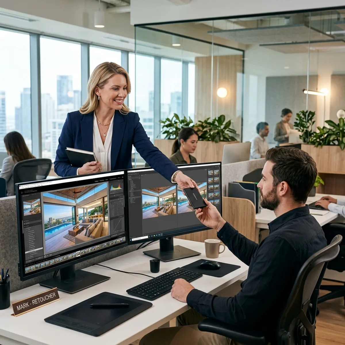 Ein Immobilienmakler übergibt in einem modernen Büro seine Rohdaten an einen professionellen Retuscheur, der diese an seinem Monitor veredelt