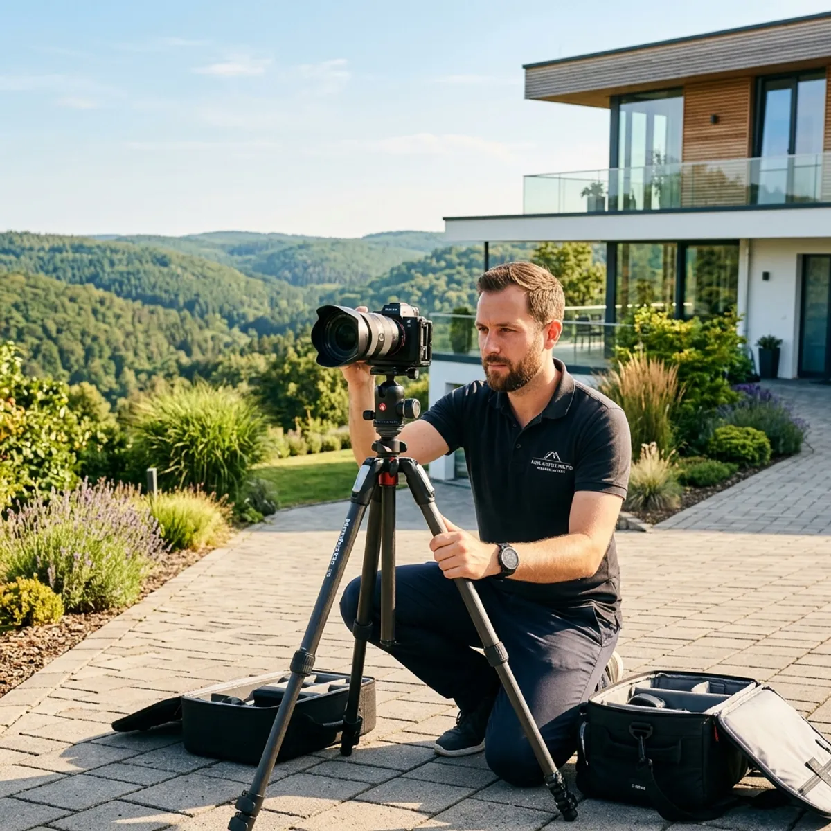 An architectural photographer sets up his tripod in front of a modern property in the Kaiserslautern area, with the hills of the Palatinate Forest in the background