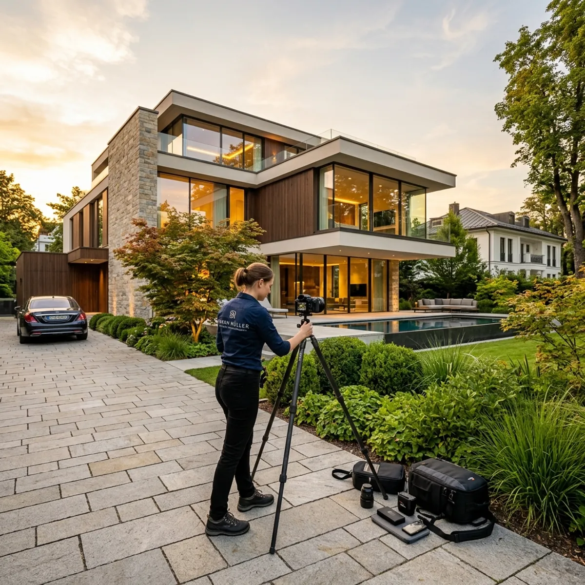 An architectural photographer sets up his equipment in front of a modern, exclusive luxury villa in Munich Bogenhausen