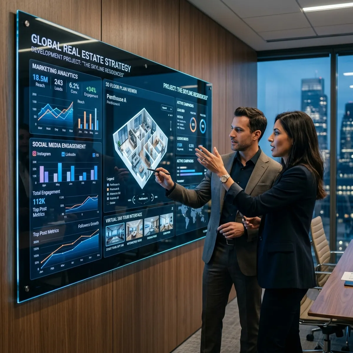 Two marketing professionals discuss their real estate marketing strategy in a modern conference room in front of a digital dashboard with 3D floor plans and 360 tours