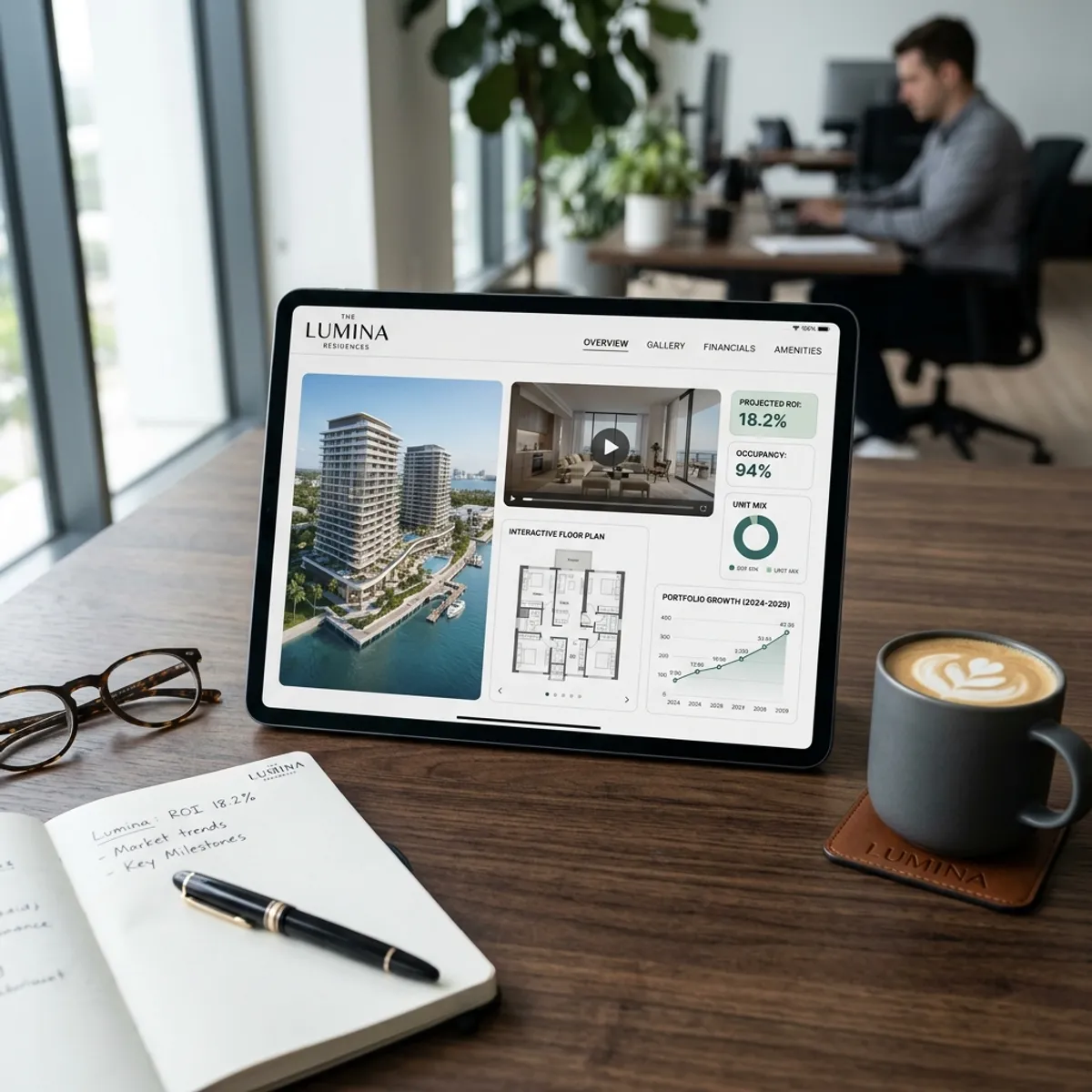 Modernes interaktives Exposé auf einem Tablet mit eingebettetem 3D Rundgang und dynamischen Immobiliendaten