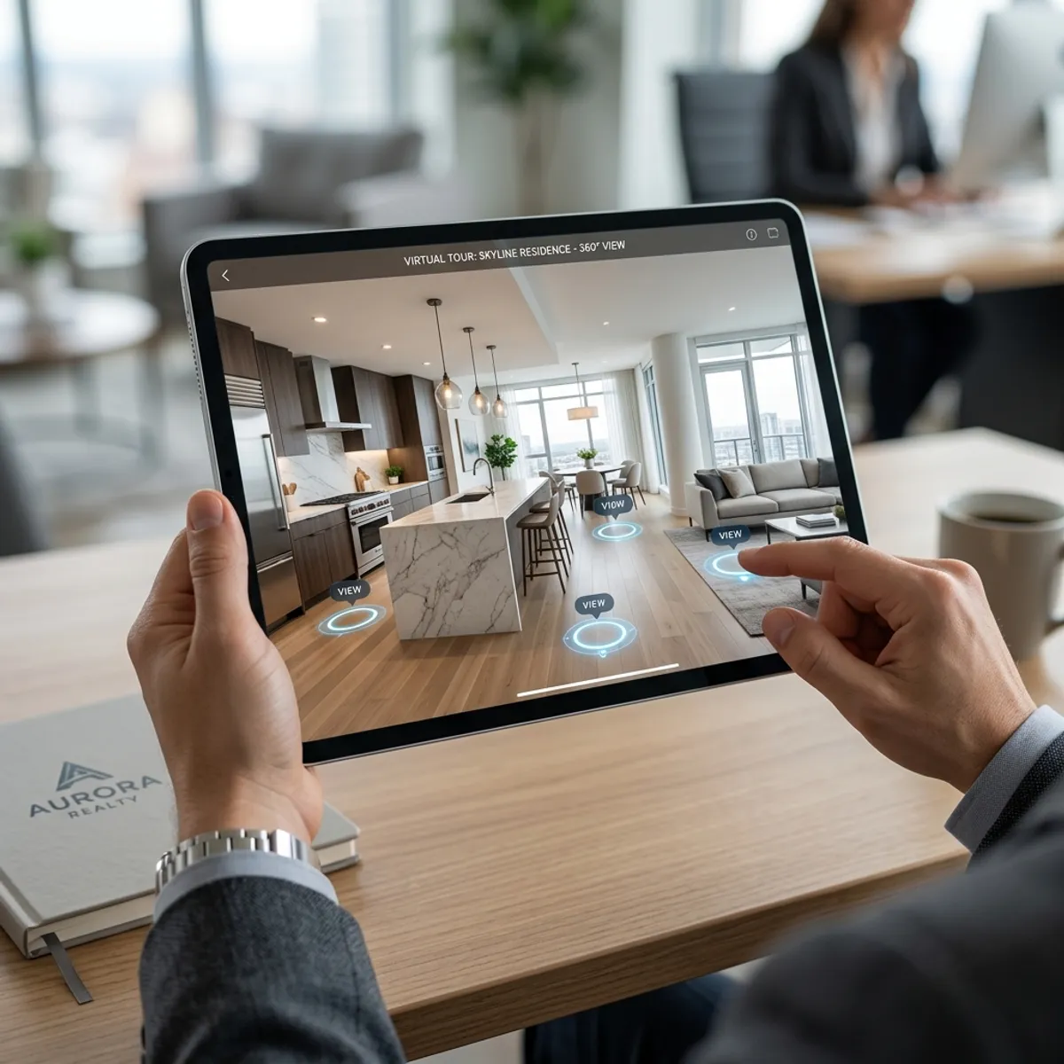 Ein Interessent nutzt ein Tablet, um eine hochauflösende, interaktive 360-Grad Immobilien Tour einer modernen Küche zu steuern