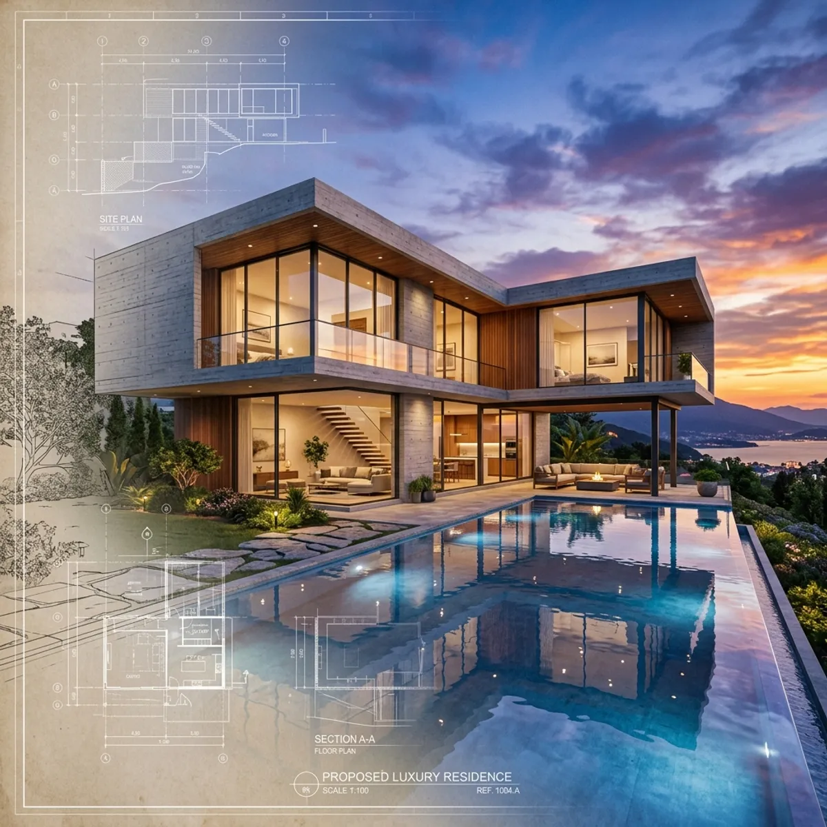 Ein fließender Übergang von einem abstrakten Architekten-Bauplan zu einem atemberaubenden, photorealistischen 3D-Rendering einer modernen Villa bei Sonnenuntergang
