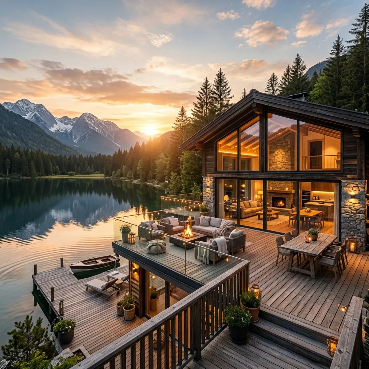 Ein extrem hochwertig fotografiertes Ferienhaus am See in der Abenddämmerung, die Lichter spiegeln sich warm auf der Holzterrasse