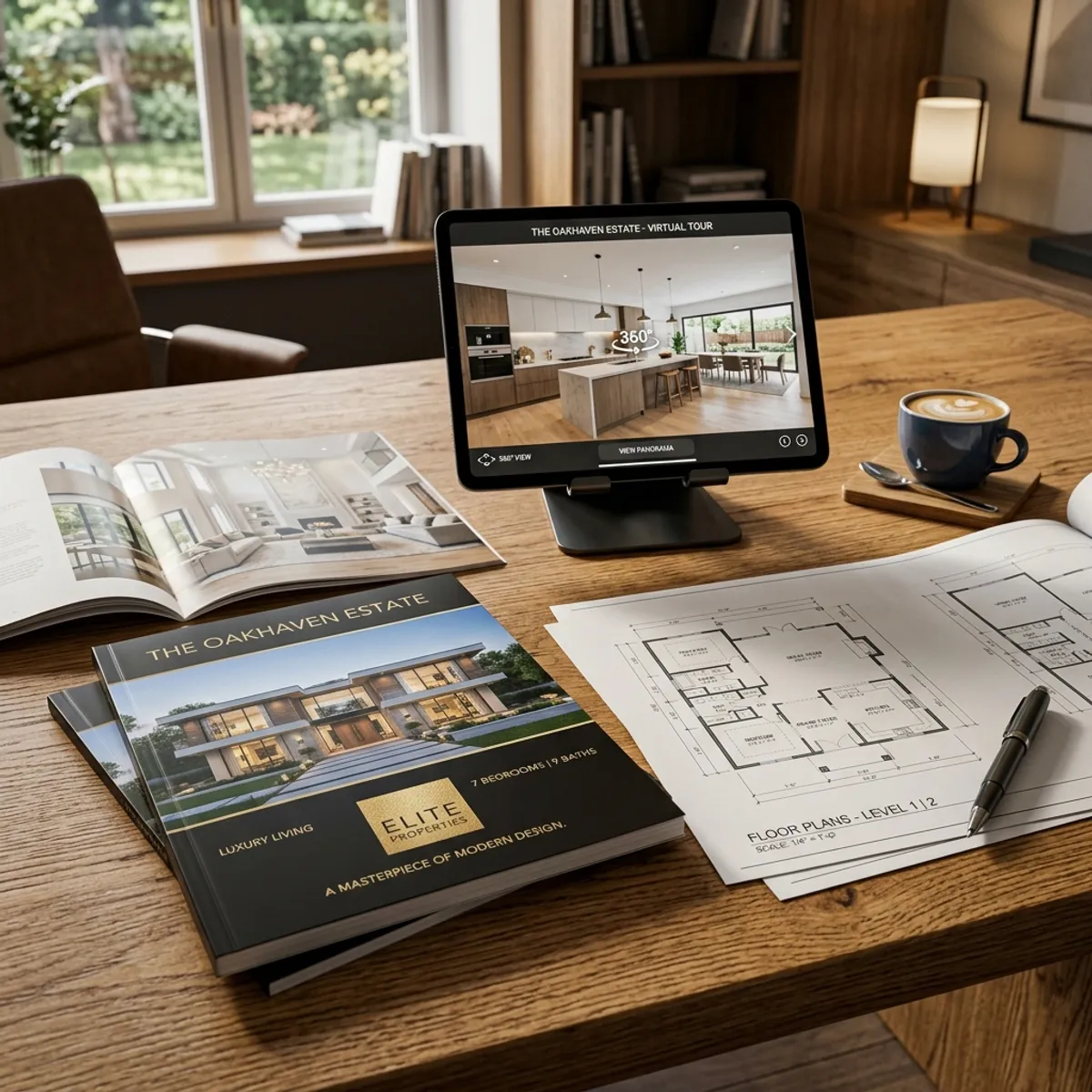 A high-quality arranged desk with a printed exposé magazine, architectural floor plans, and a tablet displaying a virtual tour