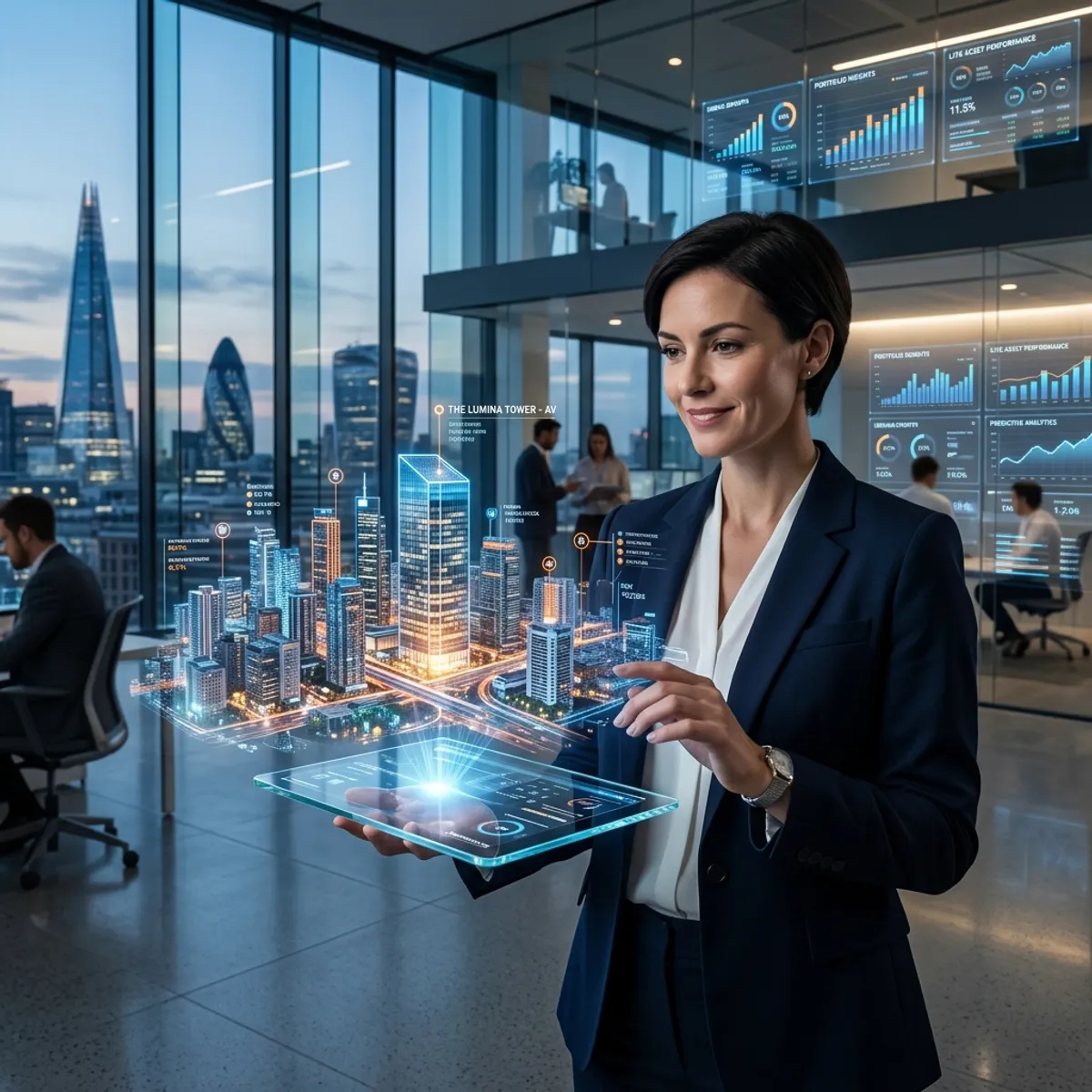 Ein Makler hält ein High-Tech Tablet, aus dem das holografische 3D-Modell einer modernen Stadt (Digitaler Zwilling) leuchtet. Ein Sinnbild für PropTech.