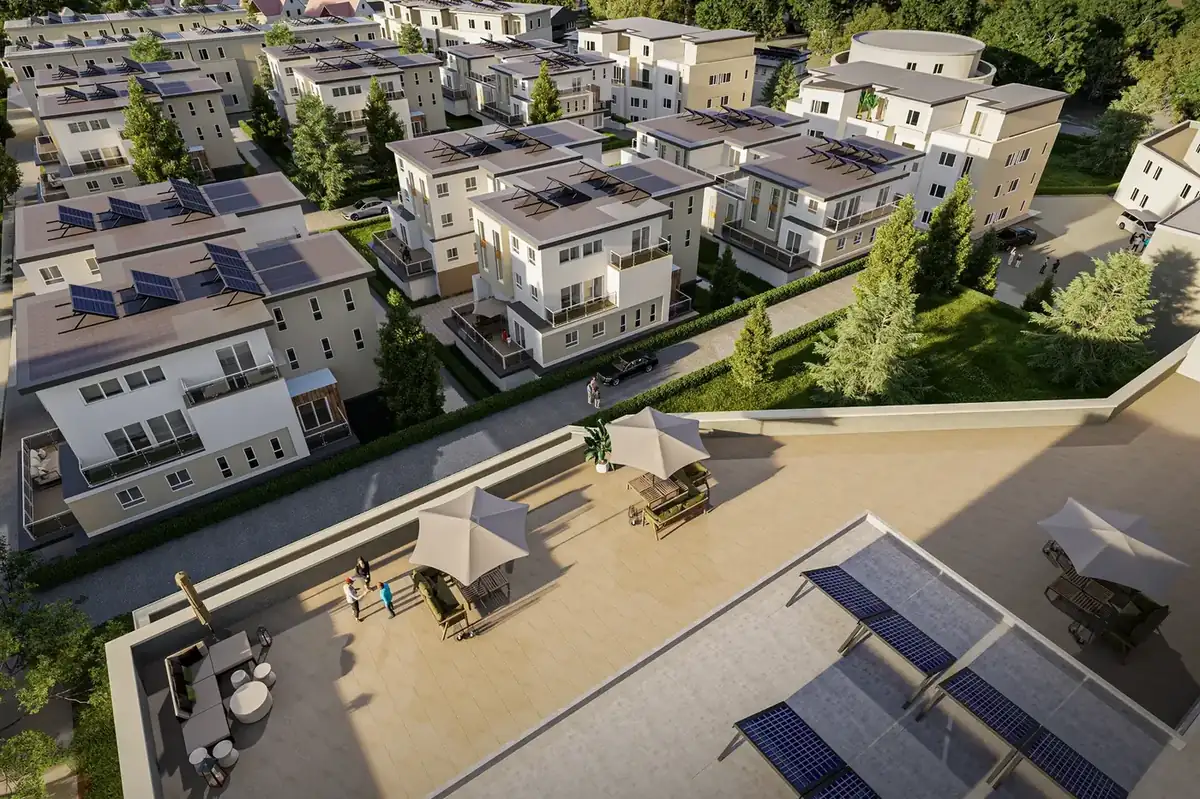 Immobilien Rendering Essen – Außenansicht einer visualisierten Wohnanlage