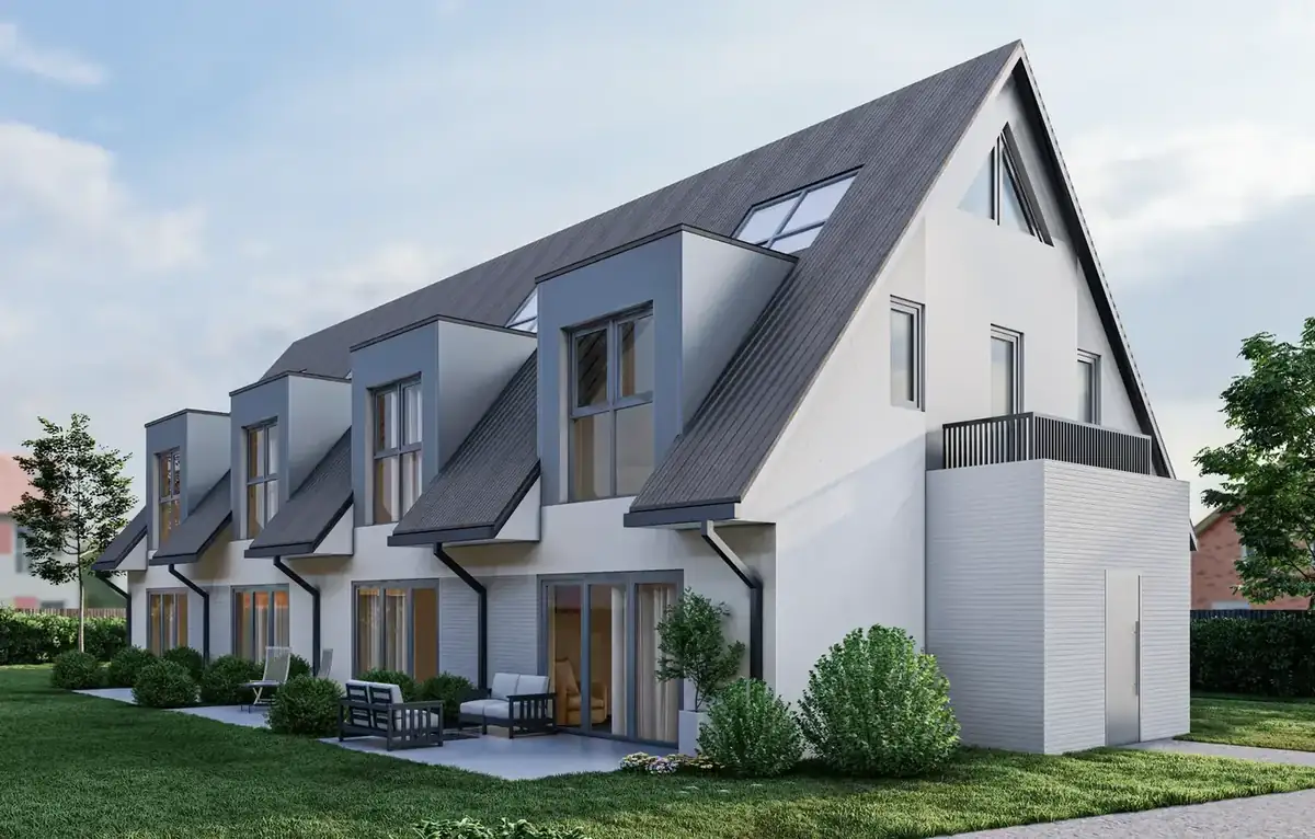 Immobilien Rendering – fertige Außenvisualisierung eines Neubaus nach der Postproduktion